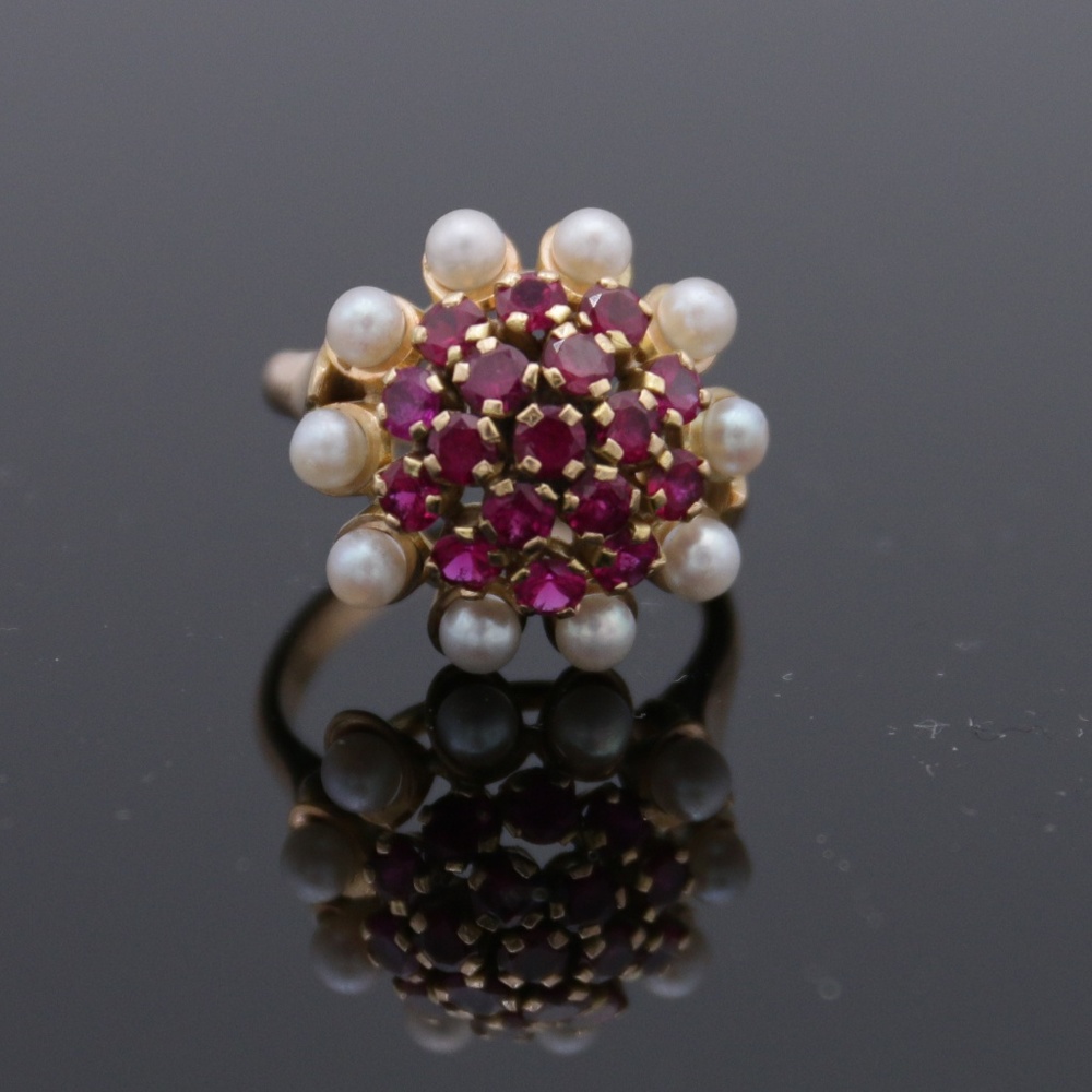 14KT Yellow Gold Victorian Design Ruby Pearl Ring